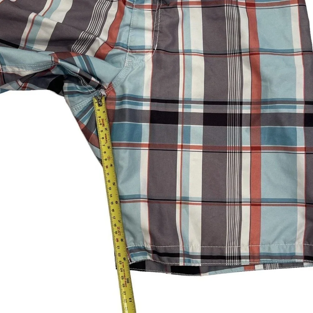 Vintage OLD NAVY Men's Plaid Swim Trunks Board Shorts Size Medium Grey Blue Pckt